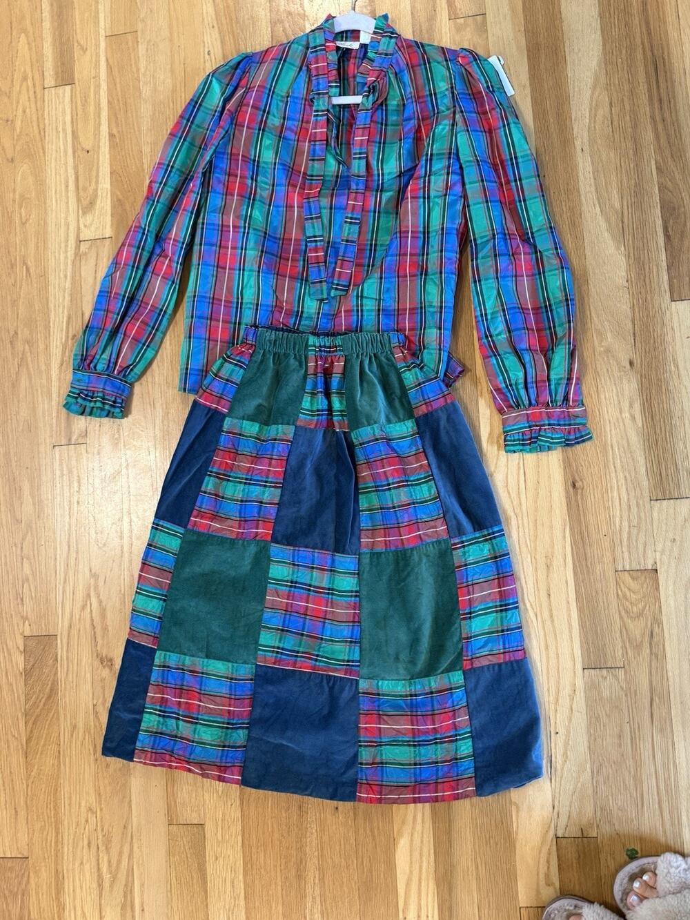 VTG 70’s Patchwork Plaid Christmas Midi Skirt Blouse Matching Set S preppy